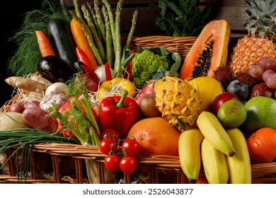 A vibrant display of fresh, seasonal produce in a woven basket, ideal for healthy cooking and nutritious meals - Powered by Shutterstock