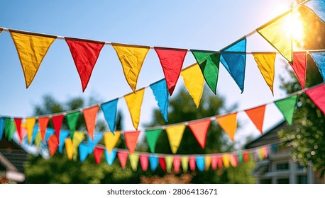 A vibrant display of triangular bunting flags in various colors strung across a clear blue sky, with sunlight glinting.