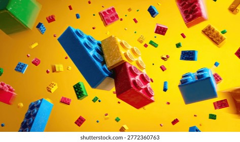 A vibrant and dynamic composition featuring various colorful building blocks suspended in motion against a solid yellow backdrop, creating a playful and energetic scene.