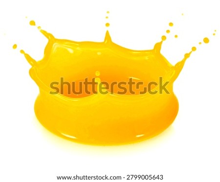 Vibrant dynamic macro liquid crown splash of fresh sweet orange juice isolated on a white background.