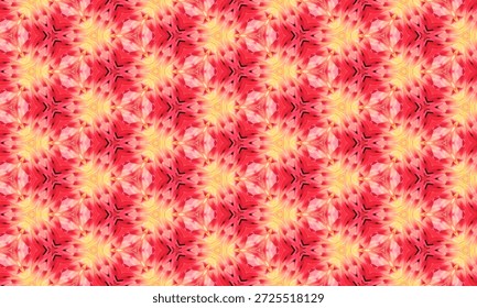 A vibrant and dynamic symmetrical pattern composed of interlocking red and yellow triangular facets, creating a shimmering, energetic visual.