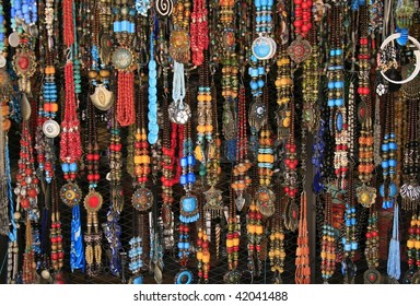 Vibrant ethnic necklaces from the village market, Chefchaouen, Morocco