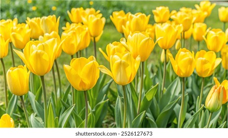 A vibrant field of yellow tulips blooming beautifully in a sunny garden setting,A lush garden filled with bright yellow tulips,A picturesque scene of yellow tulips flourishing in a colorful garden . - Powered by Shutterstock