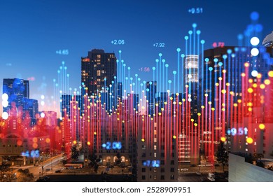 A vibrant financial chart displays stock market data against a city skyline at dusk, emphasizing dynamic market fluctuations - Powered by Shutterstock