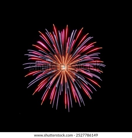 Vibrant firework explosion captured in full bloom. Ideal for festive designs, holiday celebrations, and event decorations.