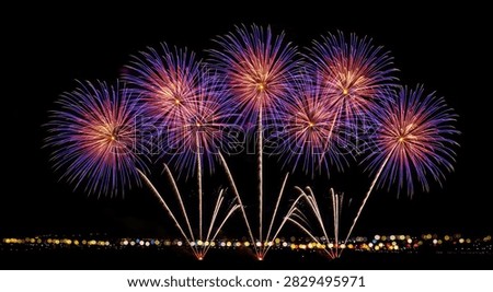 Vibrant fireworks explode in a dazzling display of color and light against the dark night sky, with a distant city skyline visible below.