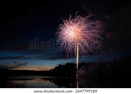 A vibrant fireworks show explodes over a serene lake at twilight, casting a beautiful reflection on the water's surface. The dark silhouettes of trees line the shore.