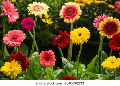 A vibrant garden filled with blooming Gerbera daisies in an array of colors, capturing nature's beauty. - Powered by Shutterstock