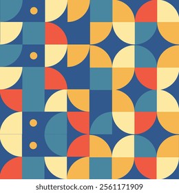 "Vibrant geometric abstract pattern featuring bold semicircles and squares in red, blue, yellow, and cream. A perfect design for modern backgrounds, textiles, wallpapers, or creative digital projects.