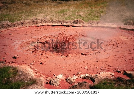 A vibrant geothermal mud pool with red clay and steam in an outdoor setting.