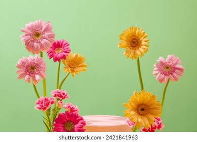 Vibrant gerberas and carnations pop against a soft green backdrop, with a central podium for showcasing. Perfect for letter design in this captivating space. - Powered by Shutterstock