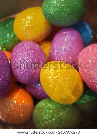 Vibrant glitter Easter eggs in bright colors, festive and cheerful holiday decoration perfect for spring celebrations and seasonal themes