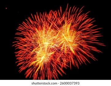 A vibrant, golden firework explodes in a starburst pattern against a stark black night sky, illuminating the darkness with radiant trails. High quality photo