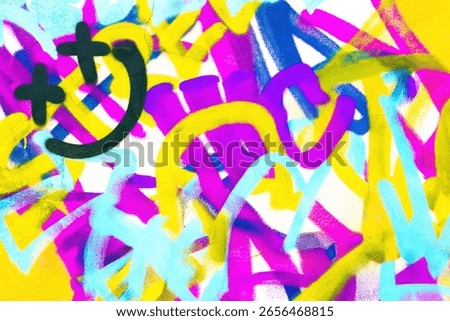 Vibrant graffiti spray pattern in neon yellow, blue, purple on white. 80s urban street art style, colorful dynamic lines. Posters, street visuals, modern 90s, creative banner design.