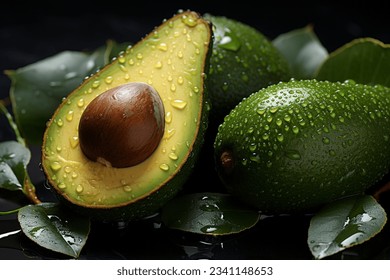 Vibrant green avocado close up, ripe and fresh, surrounded by flowers, natural. - Powered by Shutterstock