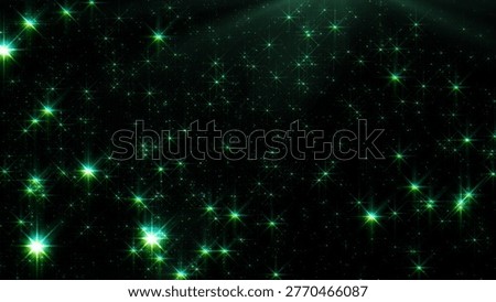 Vibrant green lights explode in a black void, shimmering like stars or dust. A captivating celestial display.