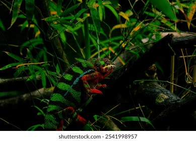 A vibrant green lizard perched on a tree branch, concealing in its environment - Powered by Shutterstock