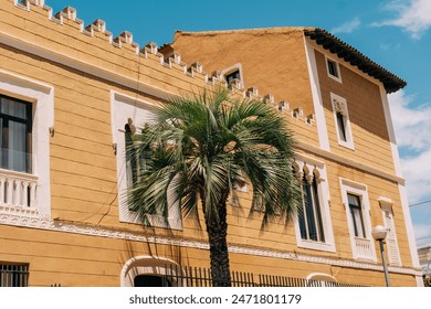 A vibrant green palm tree stands tall against the yellow facade of a historic building on a sunny day - Powered by Shutterstock