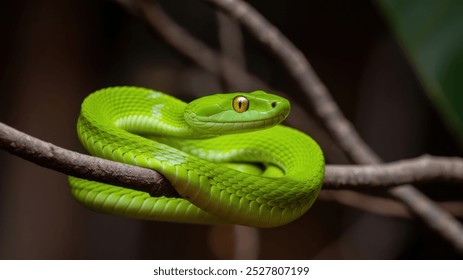 Vibrant green snake coiled on a branch, staring intensely. - Powered by Shutterstock