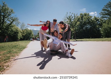 A vibrant group of friends having a blast while riding and sitting on a skateboard in a sunny, scenic park. The joyful moment captures laughter and fun. - Powered by Shutterstock