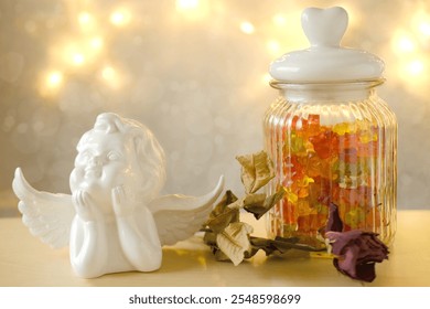 Vibrant gummy candies, gummy bears in transparent jar, offering burst of color and sweetness against rustic wooden background - Powered by Shutterstock