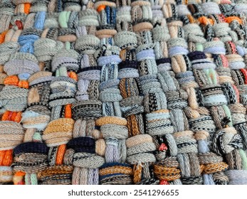 A vibrant handwoven textile featuring an array of colorful yarns intricately interlaced. The diverse textures and patterns highlight the beauty of craftsmanship and creativity in textile art.