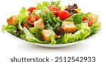 A vibrant and healthy salad bowl filled with fresh greens, juicy tomatoes, and crispy croutons. The salad is arranged beautifully, showcasing the freshness and quality of the ingredients.