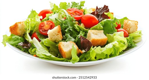 A vibrant and healthy salad bowl filled with fresh greens, juicy tomatoes, and crispy croutons. The salad is arranged beautifully, showcasing the freshness and quality of the ingredients.