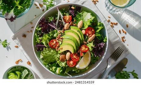 A vibrant and healthy salad featuring fresh greens, cherry tomatoes, sliced avocado, and crunchy almonds, topped with a squeeze of lemon. Perfect for a nutritious and delicious meal - Powered by Shutterstock