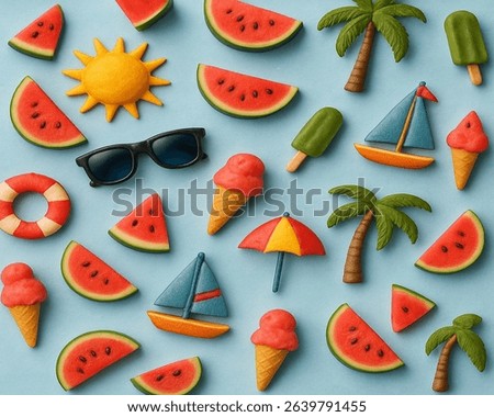 A vibrant, high-resolution summer-themed pattern featuring realistic 3D-style elements The colorful and playful design evokes a fun, tropical summer vibe—Perfect for seasonal designs and prints.