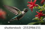 A vibrant hummingbird in flight, feeding from a bright red flower. Water droplets add to the image