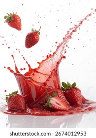A vibrant image capturing the explosive moment of strawberries splashing into a pool of their own juice isolated on white background
