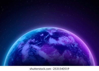 Vibrant image of Earth from space, glowing with purple and blue hues background. Earth, space, and colors create a stunning cosmic view. Earth and space in harmony background.