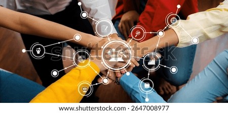 A vibrant image showcasing diverse hands joining together, symbolizing collaboration and innovation, surrounded by digital icons representing growth, strategy, and success in teamwork. Amity