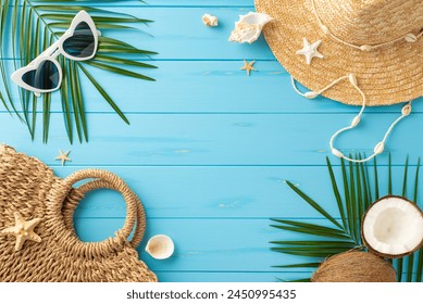 A vibrant and inviting flat lay of summer holiday items including a straw hat, sunglasses, and tropical elements on a blue wooden surface, evoking the joy of beach vacations - Powered by Shutterstock