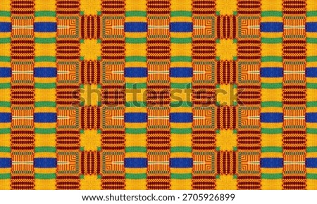 a vibrant kente cloth pattern with bold colors and intricate designs, perfect for backgrounds and textiles.