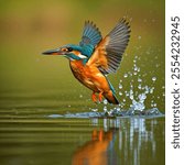 A vibrant kingfisher with bright blue and orange plumage is captured mid-flight as it skims over the surface of a calm pond. Water droplets are splashing upward around it. 