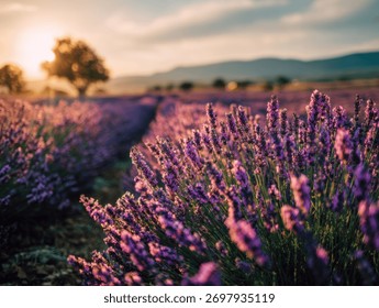 Vibrant lavender fields basking in the warm glow of sunset.