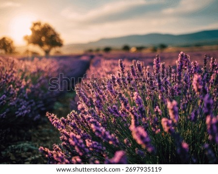 Vibrant lavender fields basking in the warm glow of sunset.