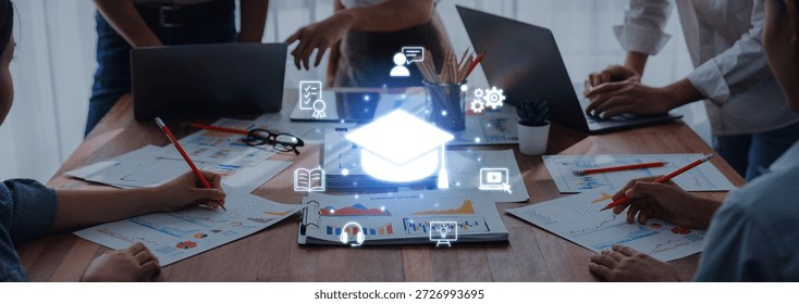 A vibrant learning environment showcasing collaboration with digital tools and icons that symbolize knowledge sharing, teamwork, and innovative solutions in an educational setting. Trope