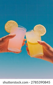 A vibrant, low-angle shot captures two hands holding up glasses of colorful lemonade, garnished with lemon slices, in a celebratory toast against a bright blue sky.