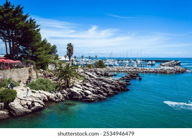 A vibrant marina with numerous sailboats docked along the pier, surrounded by rocky shores, lush palm trees, and outdoor cafes, creating a picturesque and relaxing coastal scene  - Powered by Shutterstock