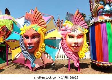 Vibrant masks displayed near Miramar beach during Goa Carnival 2019, Goa, India.