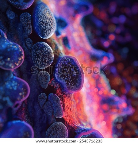A vibrant, microscopic view of cellular structures with bioluminescent blues, purples, and pinks. Ideal for biology, microbiology, science themes, microscopic cells, cellular structures, abstract art