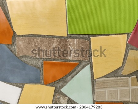 Vibrant Mosaic background Displaying Assemblage of Colored Tiles. Array of brightly colored and textured tiles arranged in captivating mosaic pattern. Close-up. Copy space. Selective focus.