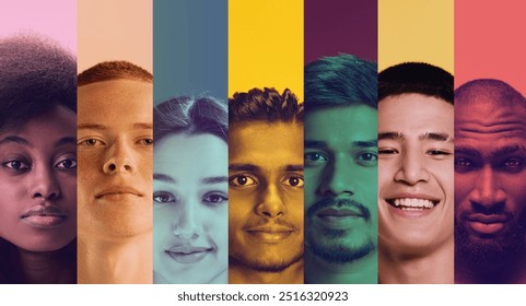 Vibrant mosaic of diverse faces, each stripe pulsating with unique hues, celebrates beauty of individuality and unity found in our shared humanity. Concept of youth, human rights, social equality