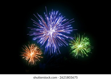 Vibrant multicolor fireworks exploding against a black night sky. The image representing celebration, festivals, holidays, and joy. Ideal for use in festive designs and event promotions.