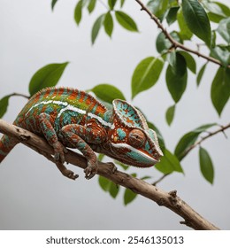 A vibrant, multi-colored chameleon perched on a branch, its scales shifting in shades of green, blue, orange, and yellow. Its eyes are wide and alert, blending seamlessly with the surrounding. - Powered by Shutterstock