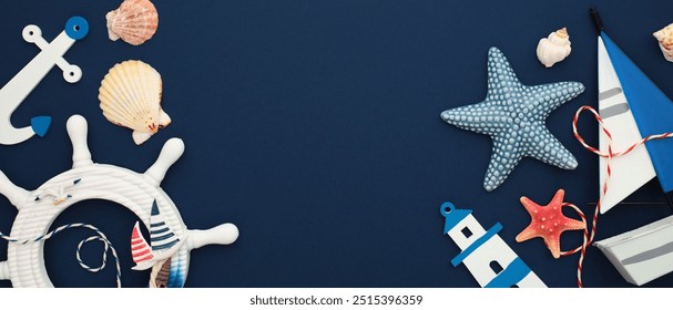 Vibrant nautical-themed collection featuring seashells, a starfish, a lighthouse, a wheel, and a sailboat. Banner design for summer, maritime, and seaside projects - Powered by Shutterstock