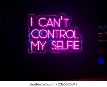 A vibrant neon sign that reads ‘I can’t control my selfie’, illuminated in pink and blue against a dark background. The sign is in a cursive font, adding a touch of elegance and fun to the image - Powered by Shutterstock